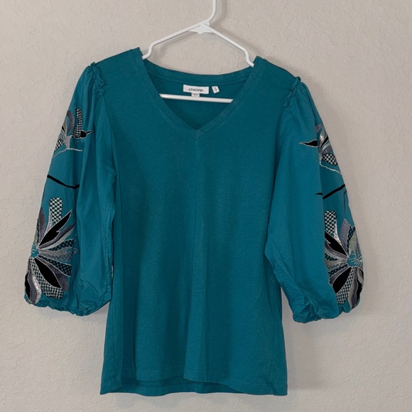 Chico's Teal Blouse with Embroidered Sleeves - Picture 1 of 4